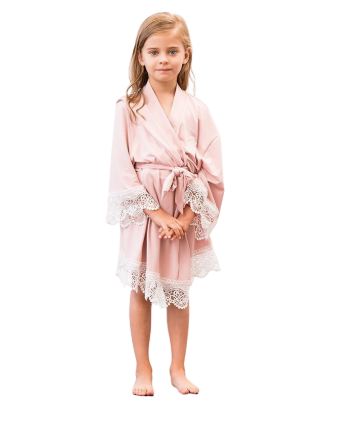 Flower Girl Jersey Knit Robe with Lace Trim - Blush Pink