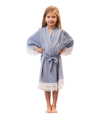 Flower Girl Jersey Knit Robe with Lace Trim - Powder Blue