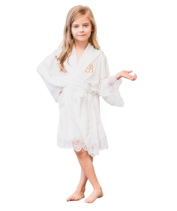 Flower Girl Jersey Knit Robe with Lace Trim - White