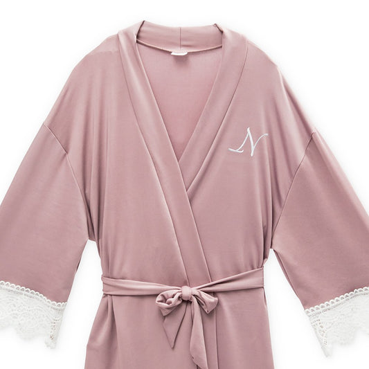Junior Bridesmaid Jersey Knit Robe with Lace Trim - Mauve