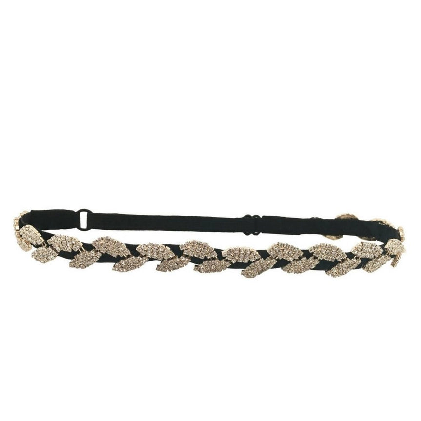 Adjustable Headband (Black Rhinestone Leaf)