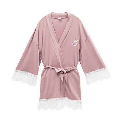 Flower Girl Jersey Knit Robe with Lace Trim - Mauve