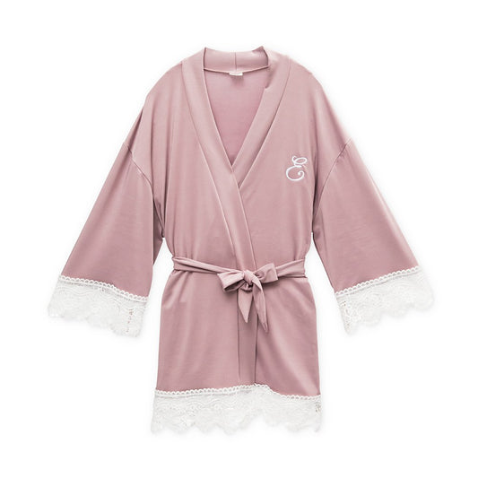 Flower Girl Jersey Knit Robe with Lace Trim - Mauve
