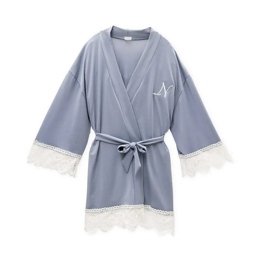 Flower Girl Jersey Knit Robe with Lace Trim - Powder Blue