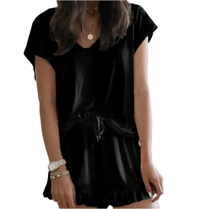Pajamas: Plain Top With Frill Hem Shorts (2pcs Lounge Set) (Black)