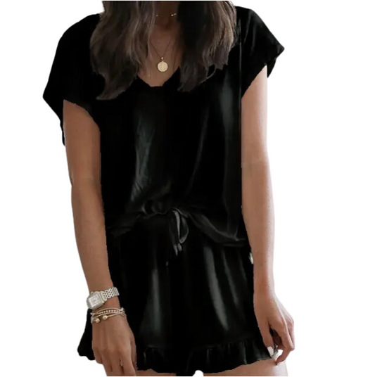 Pajamas: Plain Top With Frill Hem Shorts (2pcs Lounge Set) (Black)