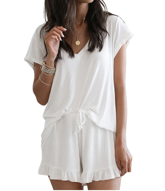 Pajamas: Plain Top With Frill Hem Shorts (2pcs Lounge Set) (White)