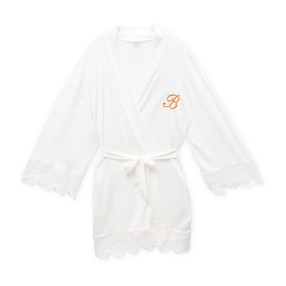 Flower Girl Jersey Knit Robe with Lace Trim - White