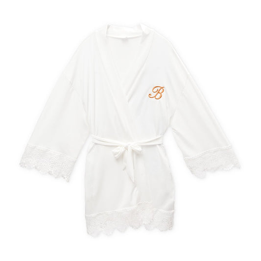 Flower Girl Jersey Knit Robe with Lace Trim - White