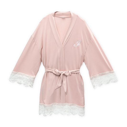 Flower Girl Jersey Knit Robe with Lace Trim - Blush Pink