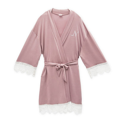 Junior Bridesmaid Jersey Knit Robe with Lace Trim - Mauve